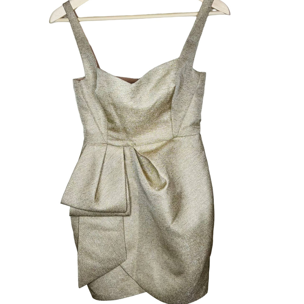 Lane JT Lamae Dress Small Mini Gold Metallic Party Cocktail Bow Special Occasion